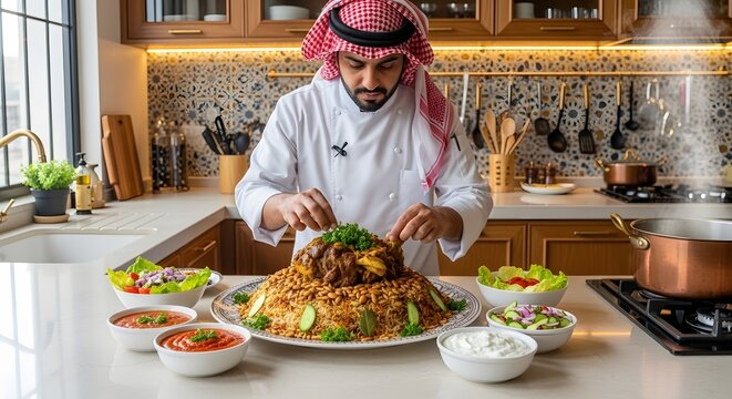 Arabian Chef Preparing a Massive Lamb Mandi Rice Dish
