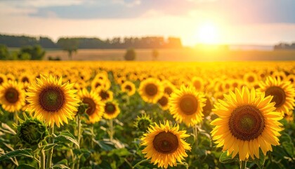 Obraz premium Vibrant Sunflower Field in Full Bloom Under a Golden Sunset Sky