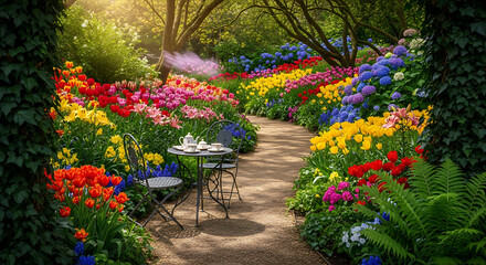 Stunning botanical garden path blooming with a kaleidoscope of vibrant spring flowers, featuring a charming outdoor tea setting for ultimate relaxation