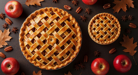 Overhead view of two apple pies, surrounded by apples, pecans, and star anise on a dark background, showcasing autumnal flavors and traditional baking