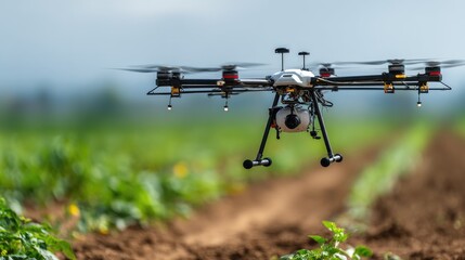 Agricultural Drone Flying Over Green Crops in a Field with Blue Sky and Soft Clouds