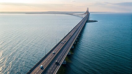 Drone Aerial View of Oresund Bridge Tunnel Connecting Denmark and Sweden Across Ocean for Transport