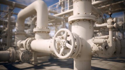 Industrial Piping System: A close-up perspective reveals a complex network of industrial pipes and valves.