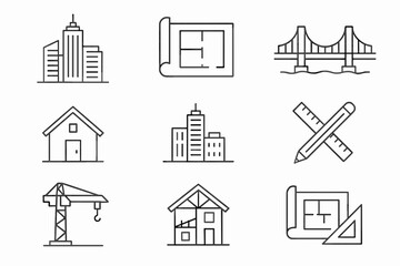 Architecture and Construction Icons – Line Set with Buildings, Tools, Bridge and Floor Plan
