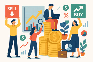 Stock Market Investment Illustration – Buy and Sell Trading Concept with Charts and Coins