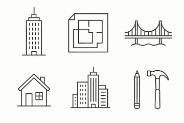 Architecture and Construction Icons – Line Set with Buildings, Tools, Bridge and Floor Plan