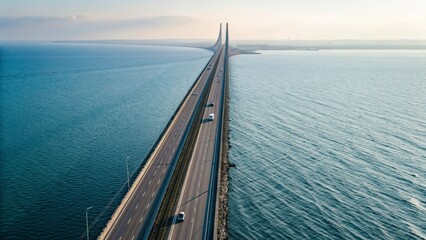Drone Aerial View of Oresund Bridge Tunnel Connecting Denmark and Sweden Across Ocean for Transport