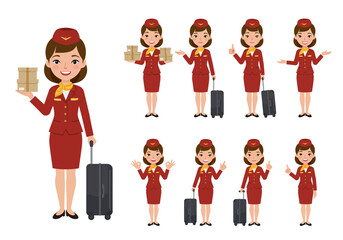 Vector illustrations female flight attendant, presented in various poses and actions