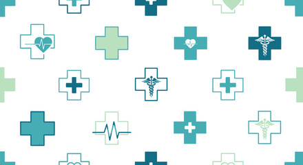 Seamless Medical Cross Pattern with Diverse Health Symbols.