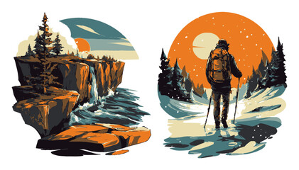Scenic Mountain Landscape with Sunset and Starry Sky Illustration