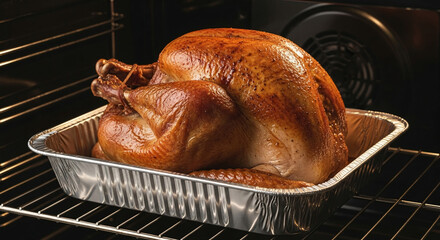 Roasted turkey in aluminum pan inside oven, golden-brown skin, juicy meat, Thanksgiving dinner concept, delicious festive food