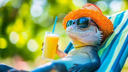 A lizard wearing a beach hat and sunglasses is lying on a beach chair sipping on a smoothie