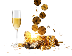 Luxury Golden Casino Chips with Champagne and Confetti – Transparent PNG