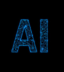 AI Typography with Detailed Blue Circuit Board Glow on Black Background