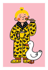 Cheerful Child Brushing Teeth with Duck in Colorful Pajamas on Pink Background