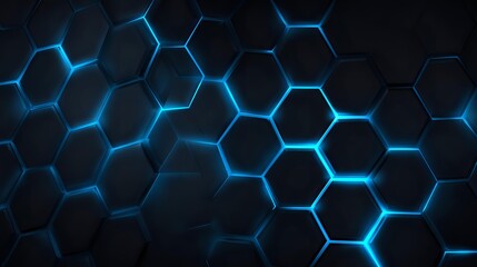 Abstract hexagon network with electric blue glow on sleek dark gradient, futuristic repeating honeycomb texture