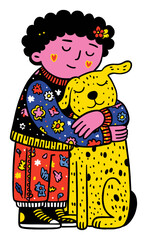 Colorful Vector Illustration of Child Embracing a Yellow Dog in a Cozy Scene
