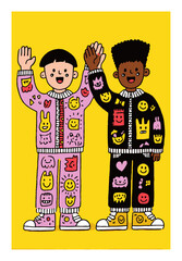 Colorful Vector Illustration of Two Happy Friends Wearing Graphic Outfits