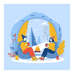Cozy Cartoon Scene of Two Friends Enjoying Warm Drinks in Nature