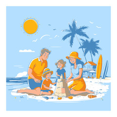 Family Building Sandcastle on Beach with Sunshine and Palm Trees