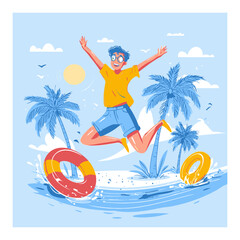 Happy Child Jumping with Joy in a Tropical Summer Cartoon Illustration
