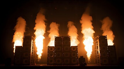 Concert-style sound system setup with stacked speakers, fire plumes and sound bursts emerging, dramatic lighting on black background, bass-driven energy