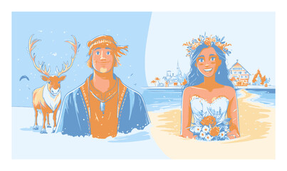 Cartoon Characters in a Nature Scene with Deer and a Happy Bride