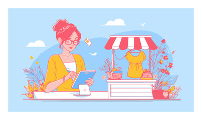 Young Woman Engaging with Digital Tablet Amidst Colorful Marketplace Scene