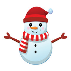 Cartoon snowman wearing a red Santa hat and striped scarf. These vector pictograms of a winter, Christmas, holiday, festive, cartoon, drawing, cute, friendly, happy, smiling, illustration. 
