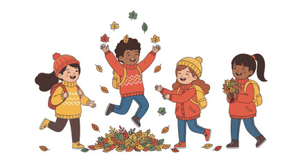 Children Playing with Autumn Leaves: Joyful Friends Enjoying Fall Season.