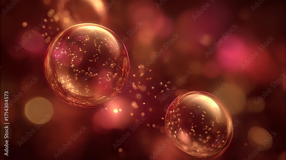 Wall mural floating golden orbs and soft ruby sparkles in glowing haze forming dreamy abstract celebration loop