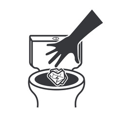 Isolated illustration showing hand throwing trash or tissue into toilet bowl, used as instruction signage for public restroom hygiene.