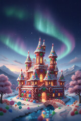 Enchantment scene of winter. Castle made entirely of candy canes and gumdrops in a snowy landscape. Breathtaking wonderland.