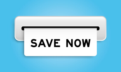 White coupon banner with word save now from machine on blue color background