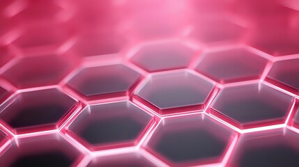 Floating hexagon grid with glowing pink edges in soft abstract blur background, symmetrical pattern