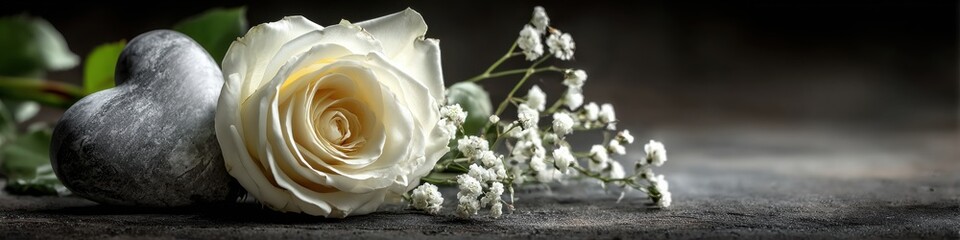 A white rose and heart-shaped stone rest together as a gentle tribute of love and remembrance, beautifully arranged with delicate baby's breath blossoms.