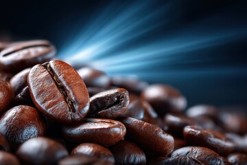 Fototapeta premium Close Up of Roasted Coffee Beans with Blue Light Rays