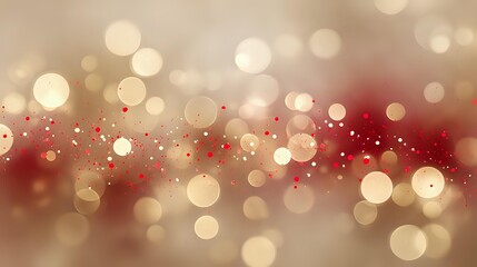 Gentle golden bokeh orbs floating with vibrant red sparkles across soft haze in a dreamy abstract celebration background