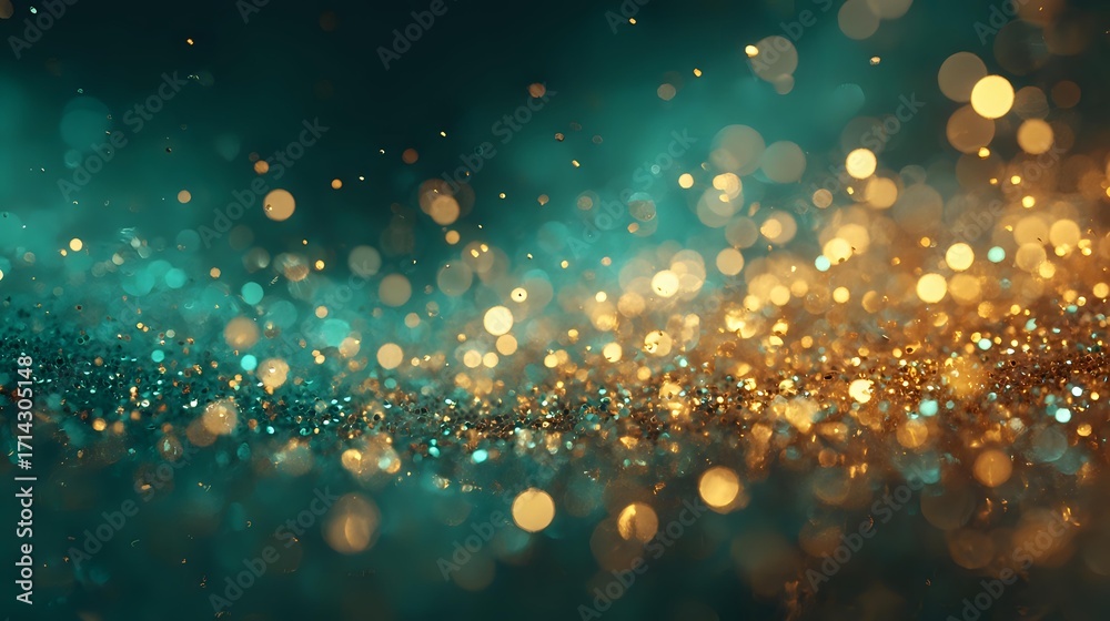 Wall mural glowing golden bokeh lights layered with teal sparkles in soft focus, creating a surreal and magical