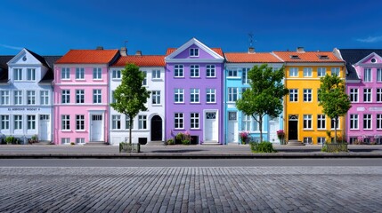 Fototapeta premium Row Of Colorful Houses In City Street Under Clear Blue Sky