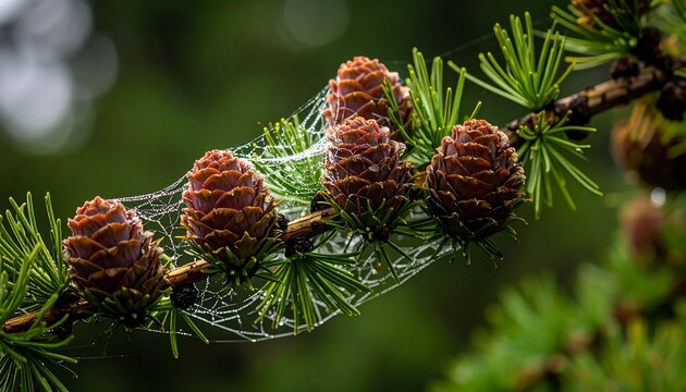 Close-up of larch cones with spiderweb