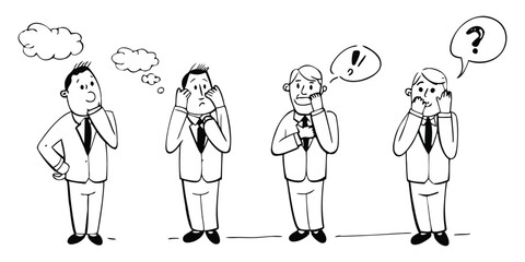 Four businessmen in a line with various thinking and questioning, expressions, businessmen, strategy, planning, business illustration. 
