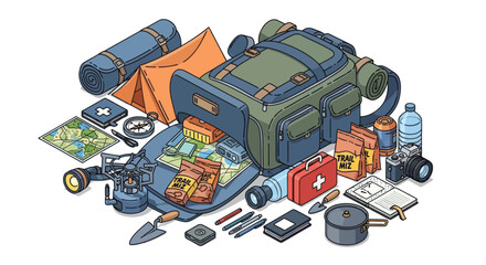 Isometric Illustration of Camping Backpack and Gear.