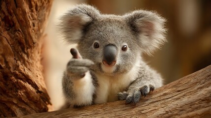 Koala smiling and holding paw forward in thumbs up gesture, soft tree trunk background