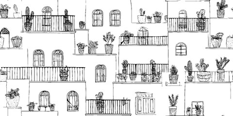 Obraz premium Elegant black and white line art of balcony scene for home decor and design projects