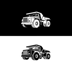 Monochrome vector illustration of a heavy-duty industrial dump truck, representing large-scale construction, mining, and earthmoving operations with a clean, modern design