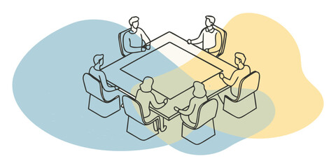Isometric Illustration of People Meeting Around a Table, business discussion in a collaboration, teamwork, strategy, planning, brainstorming, office, conference shape. 