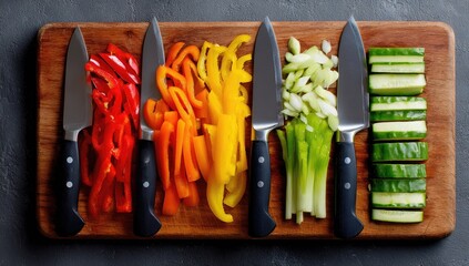 Colorful sliced vegetables and knives on a wooden cutting board