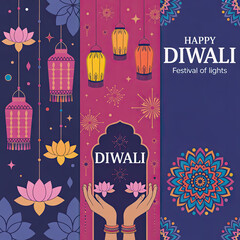 Happy diwali festival of lights illustration with hanging lanterns, lotus flowers, hands holding diyas, and decorative mandala patterns in vibrant colors, celebrating the hindu festival of lights.