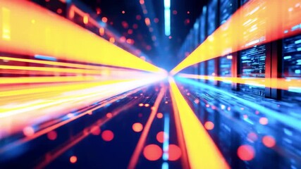 Abstract representation of data flow in a server room with vibrant light trails and blurred background - Powered by Adobe